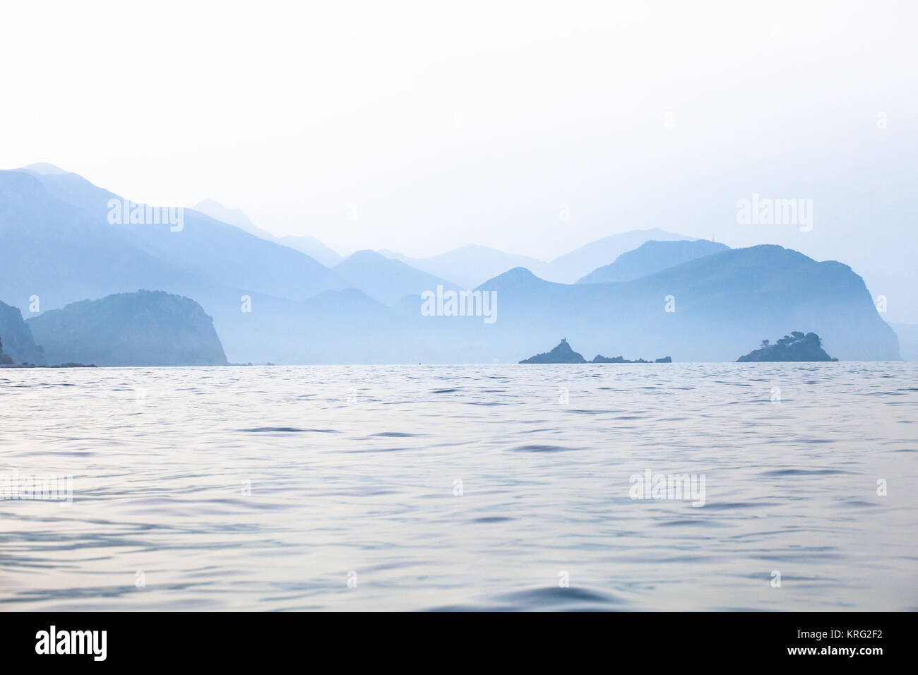 Early morning view on montenegro coast  with hills. Stock Photo