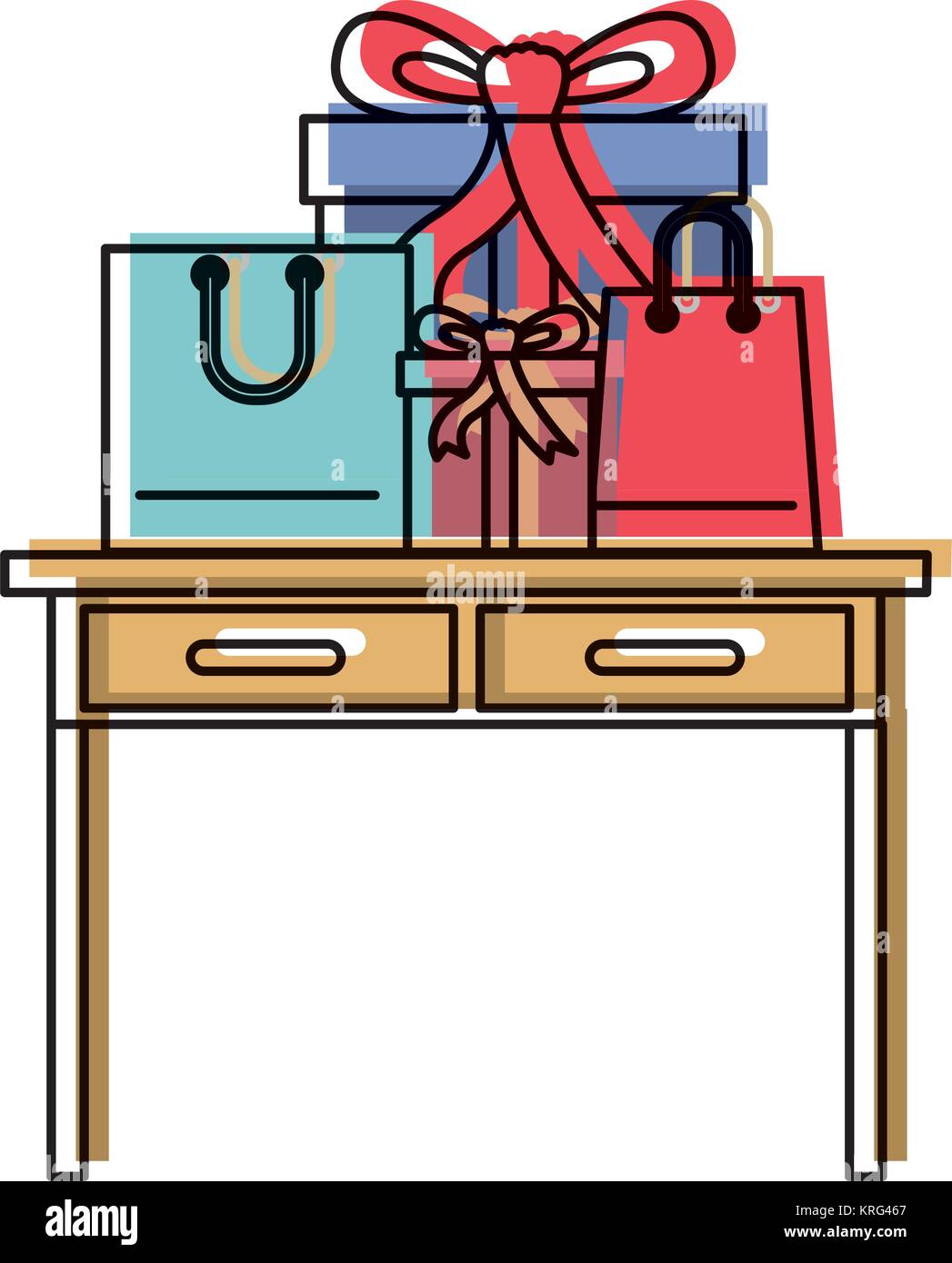 desk table with drawers front view with gifts box and bags above in ...