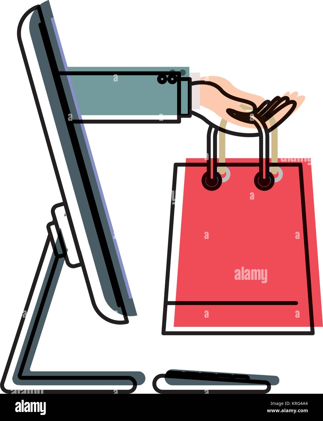 desktop computer and hand holding shopping bag of purchase online in