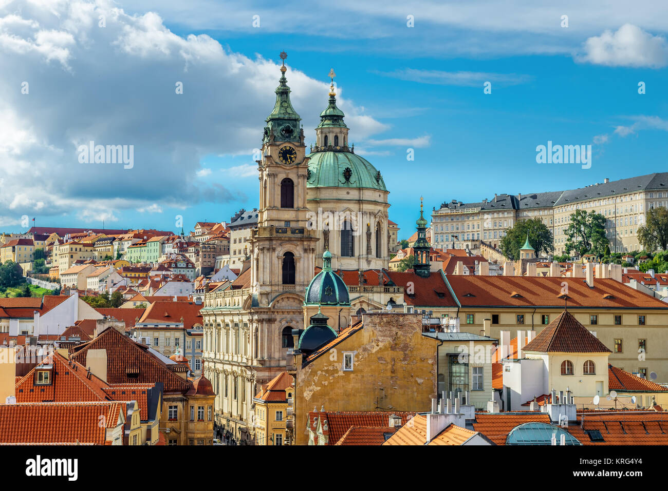 St. Nicolas church and and roofs of Prague, an aerial view. Focus on the church. Stock Photo