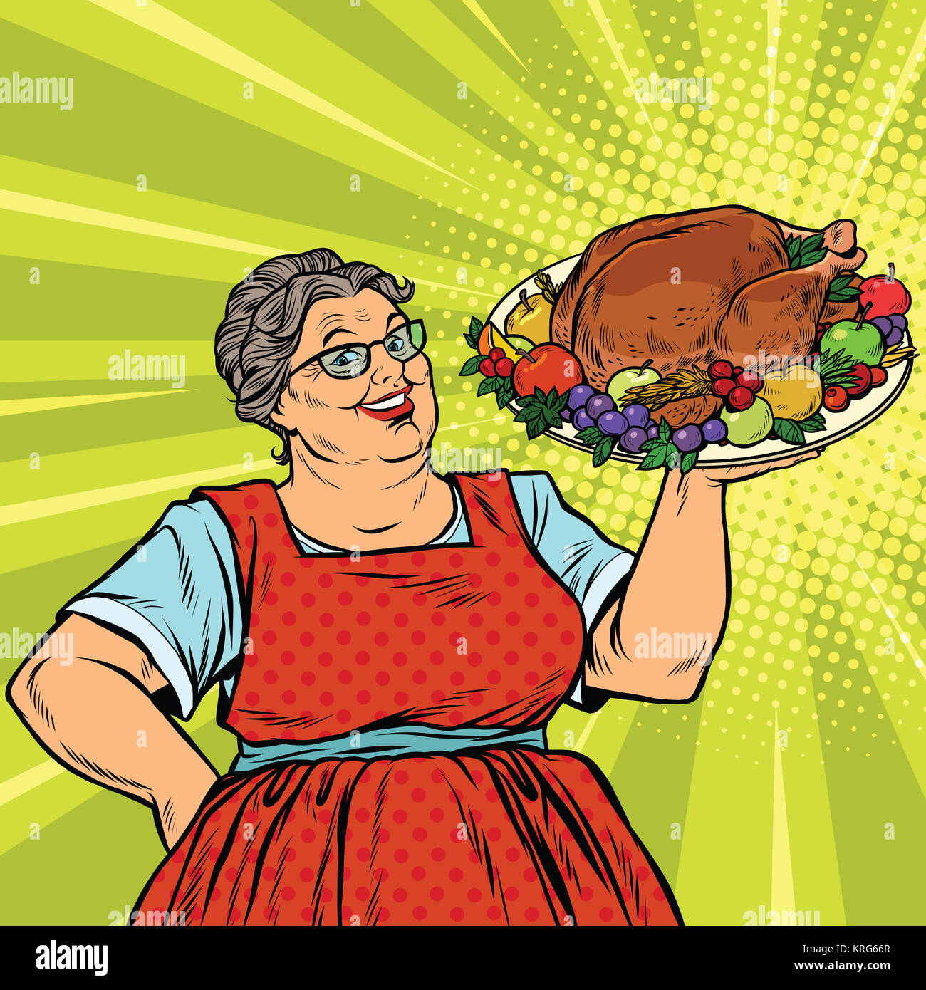 Grandma with a Christmas or Thanksgiving roast Turkey Stock Photo