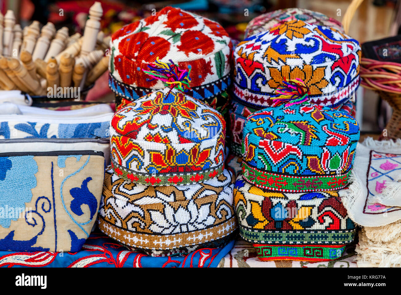 Colourful Souvenir Hats For Sale, Bukhara, Uzbekistan Stock Photo