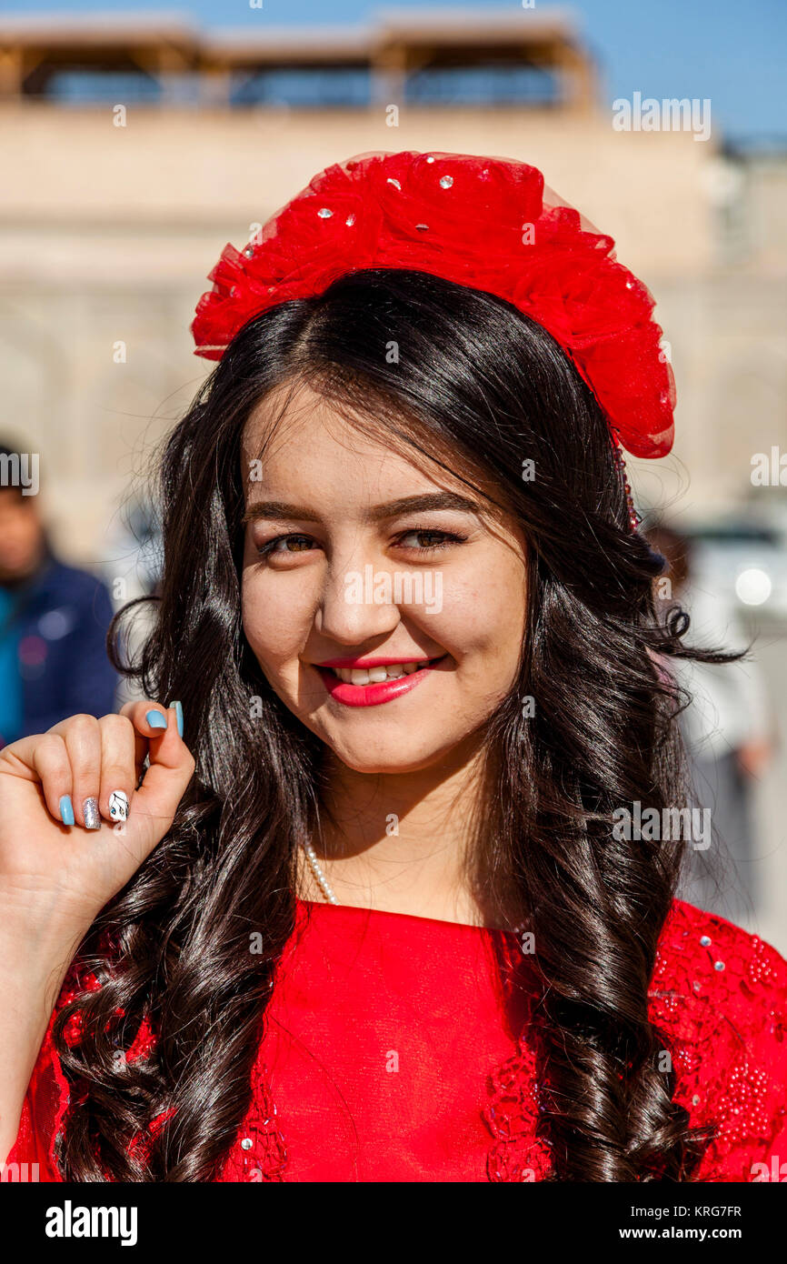 An Attractive Young Uzbek Woman In Traditional Costume, Bukhara, Uzbekistan Stock Photo