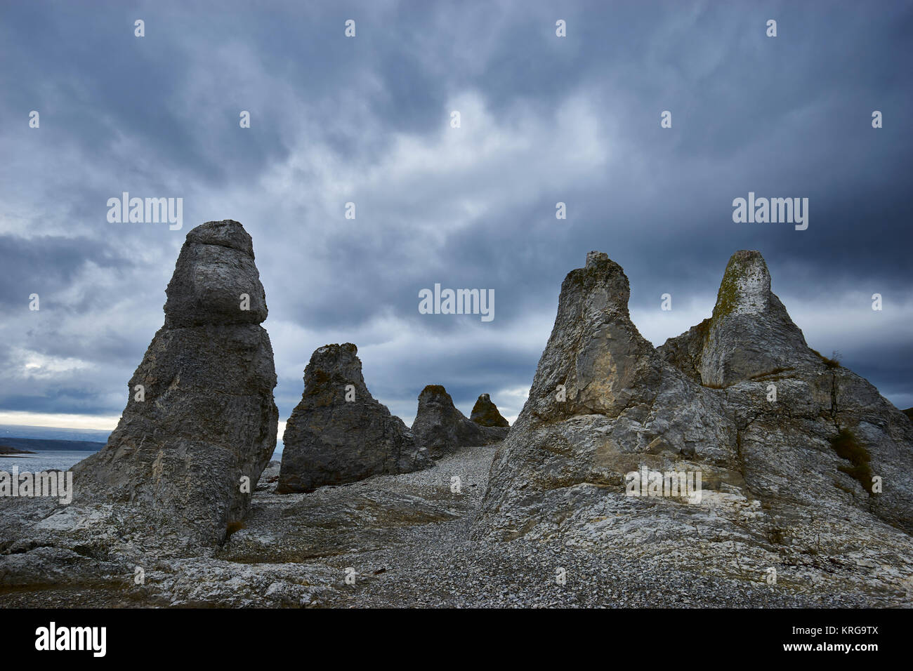 Dolomite stone formations, Trollholmsund, near Lakselv, Finnmark, Norway.  The legend tells that these formations were once trolls that where turned t Stock Photo