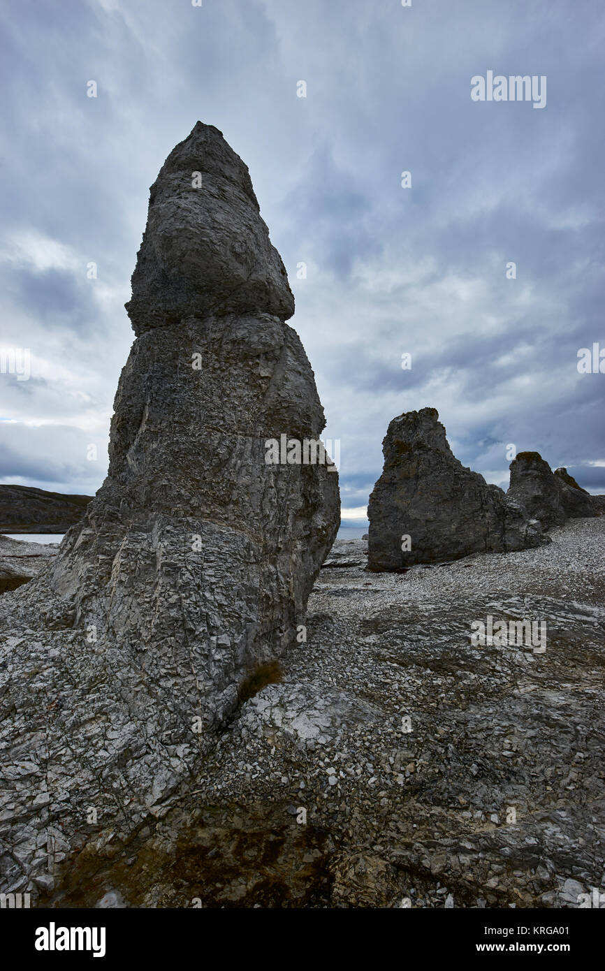 Dolomite stone formations, Trollholmsund, near Lakselv, Finnmark, Norway.  The legend tells that these formations were once trolls that where turned t Stock Photo