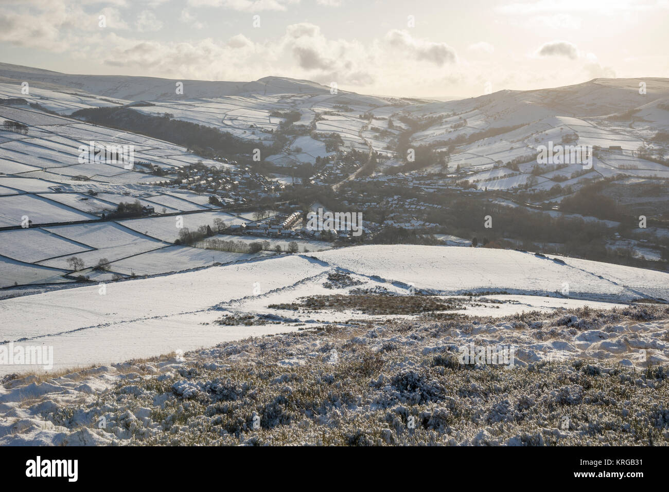 The village of Hayfield on a beautiful snowy winter morning, Derbyshire, England. Stock Photo