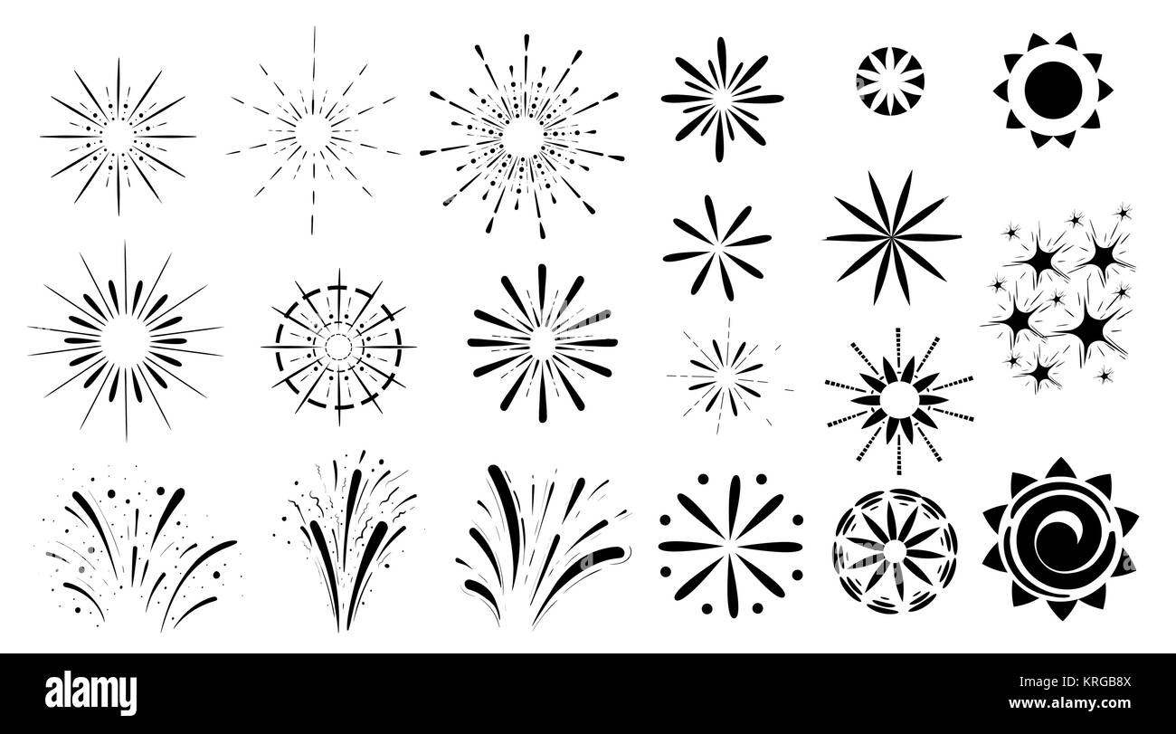 Fireworks set of black icon different types of explosion isolated on white background website page and mobile app design. Stock Vector