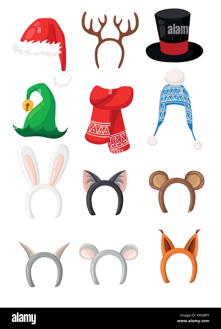 New Year hats set of santa,rabbit,cat,bear,fox,deer for masquerade costumes holiday headdress elements vector icons illustration isolated on white bac Stock Vector