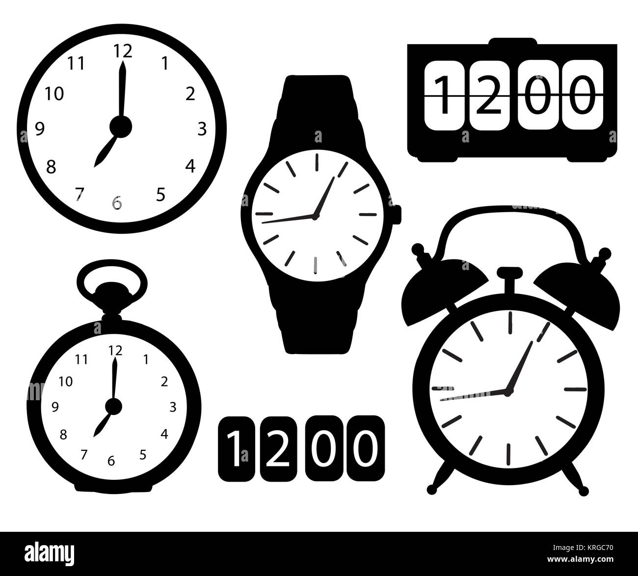 Set of black icon silhouette clocks and watches alarm digital electronic stopwatch wristwatch wall clock cartoon vector illustration isolated on white Stock Vector