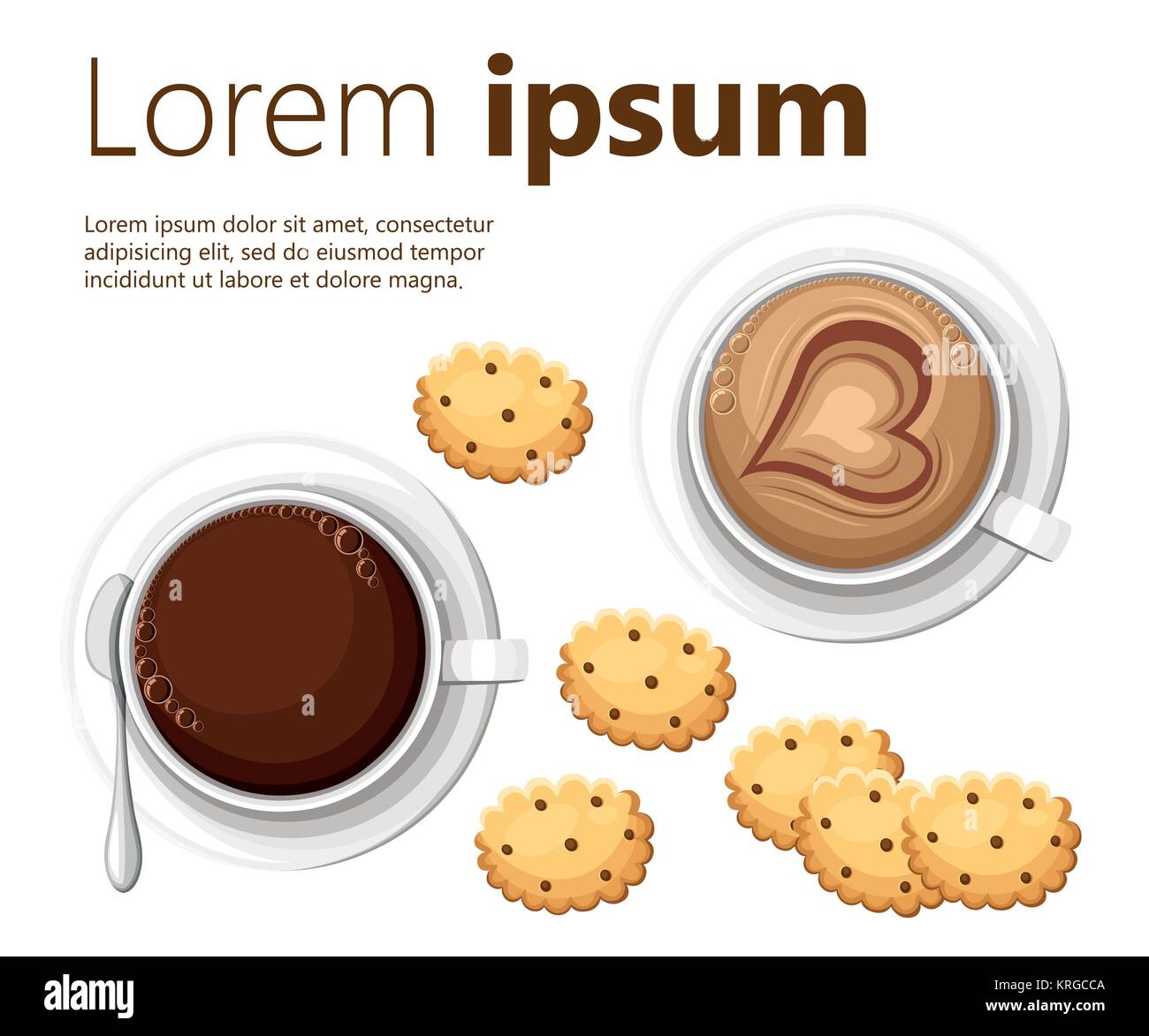 Coffee cup and heart-shaped froth with cookies in form of cirlce morning breakfast with place for your text vector illustration isolated on white back Stock Vector