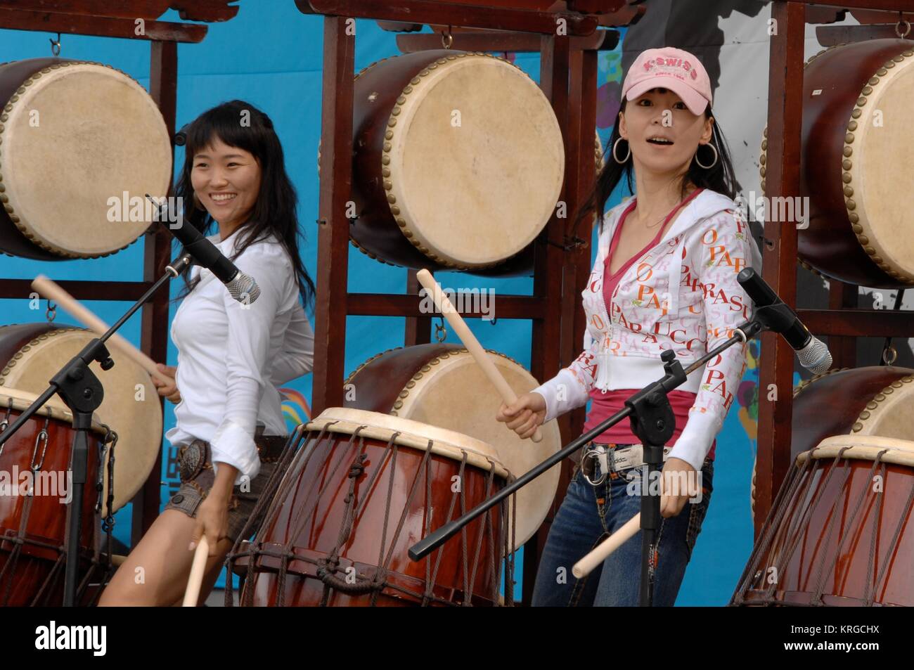 Musicians play percussion instruments during the Seoul Drum Festival at Seoul Forest Park October 5, 2008 in Seoul, South Korea. Stock Photo