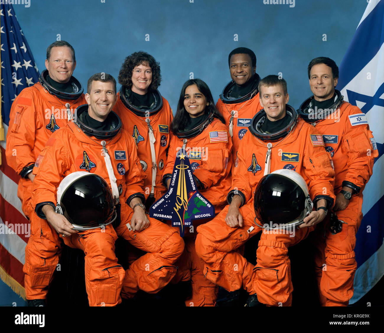 The STS-107 crew includes, from the left, Mission Specialist David Brown, Commander Rick Husband, Mission Specialists Laurel Clark, Kalpana Chawla and Michael Anderson, Pilot William McCool and Payload Specialist Ilan Ramon. (NASA photo) Crew of STS-107, official photo Stock Photo