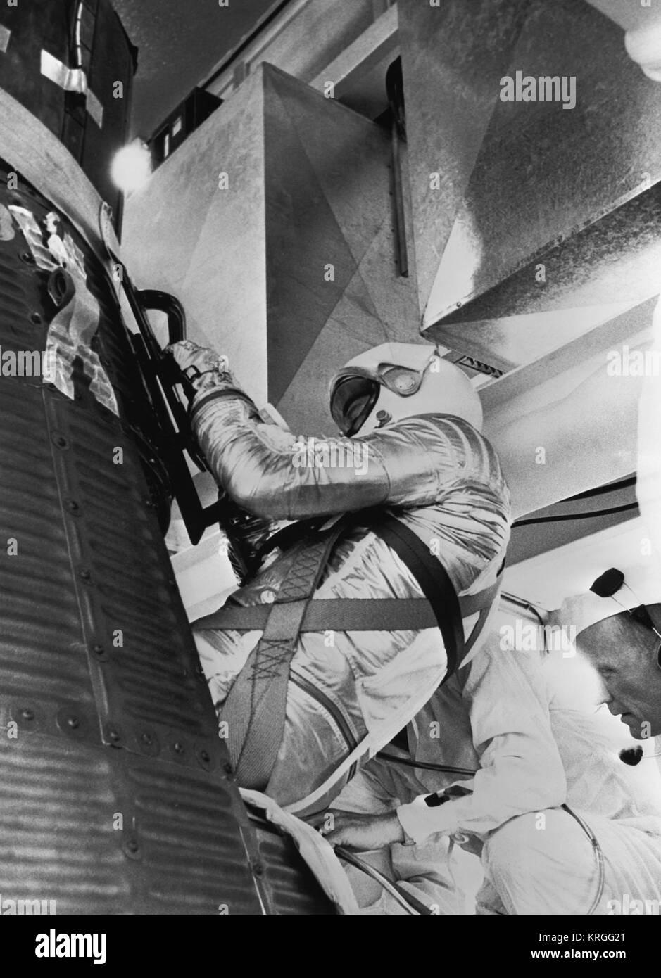 Alan Shepard is being inserted into the Freedom 7 capsule Stock Photo