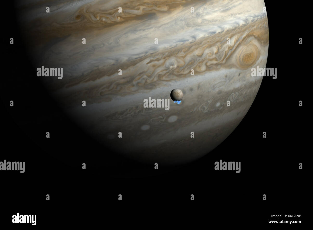 This artist's impression shows Jupiter and its moon Europa using actual Jupiter and Europa images in visible light. The Hubble ultraviolet images showing the faint emission from the water vapour plumes have been superimposed, respecting the size but not the brightness of the plumes. Astronomers using Hubble have detected signs of water vapour being vented off this moon, creating variable plumes near its south pole — the first observational evidence of water vapour being ejected off the moon's surface. Water vapour plumes on Jupiter's moon Europa (artist's impression) Stock Photo
