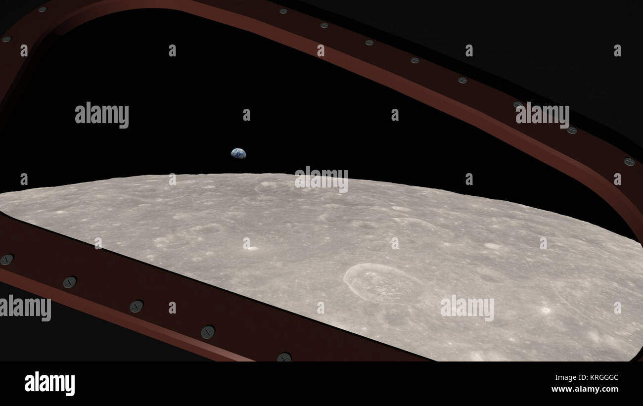 Computer-generated visualization of Earth rising over the lunar horizon Stock Photo