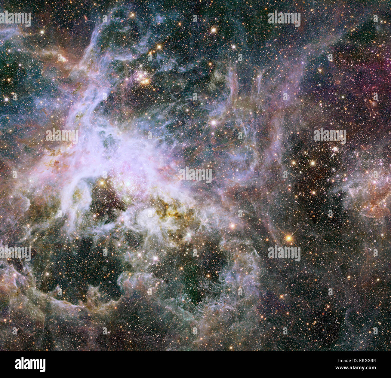 This new Hubble image shows a cosmic creepy-crawly known as the Tarantula Nebula in infrared light. This region is full of star clusters, glowing gas, and thick dark dust. Created using observations taken as part of the Hubble Tarantula Treasury Project (HTTP), this image was snapped using Hubble's Wide Field Camera 3 (WFC3) and Advanced Camera for Surveys (ACS). The Hubble Tarantula Treasury Project (HTTP) is scanning and imaging many of the many millions of stars within the Tarantula, mapping out the locations and properties of the nebula's stellar inhabitants. These observations will help a Stock Photo