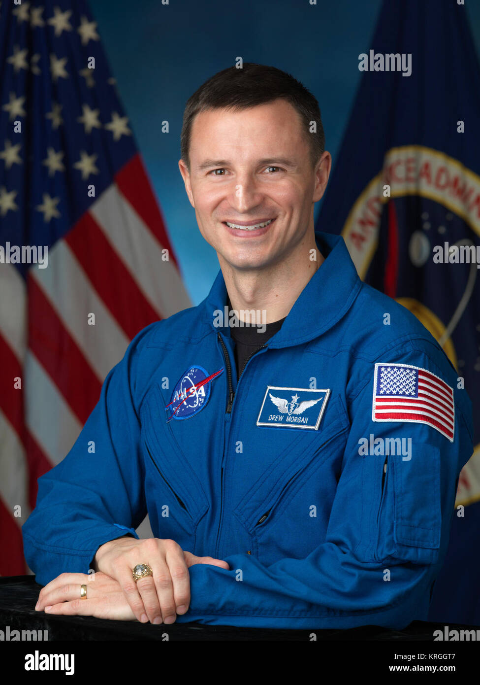 Official astronaut portrait of Andrew (Drew) R. Morgan - Blue Flight Suit Picture. Photo Date: January 10, 2014.  Location: Building 8, Room 183 - Photo Studio.  Photographer: Robert Markowitz Andrew R. Morgan official portrait Stock Photo
