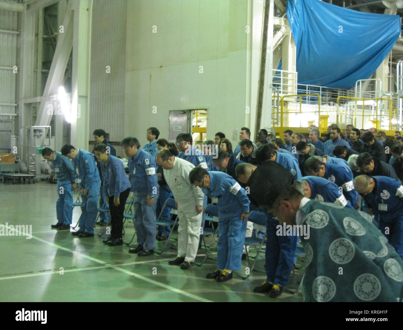 The H-IIA No. 23 rocket that will carry the GPM Core Observatory into space arrived at Tanegashima Space Center on Jan. 20, 2014. The rocket has two stages, an lower first stage that, with the help of two solid rocket boosters gets them off the ground, and an upper second stage that lights up a few minutes after launch to boost the satellite the rest of the way to orbit. The launch services provider, Mitsubishi Heavy Industries (MHI), immediately began assembling the rocket. On Jan. 22, the GPM team in Tanegashima was invited to participate in a blessing ceremony for the rocket. Lynette Marble Stock Photo