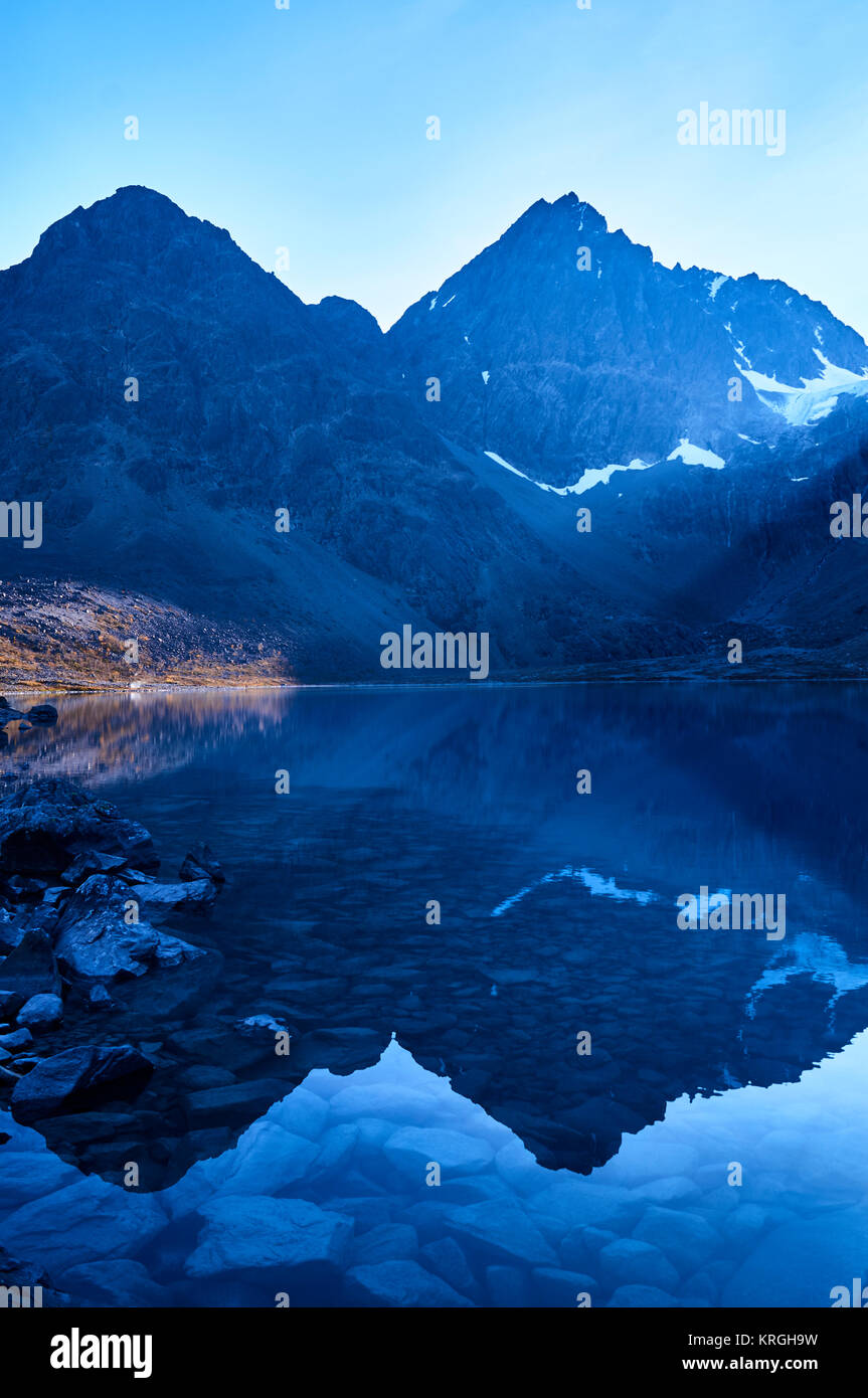 The Blue Lake, Blavatnet, Lyngen Alps, Troms, Norway Stock Photo