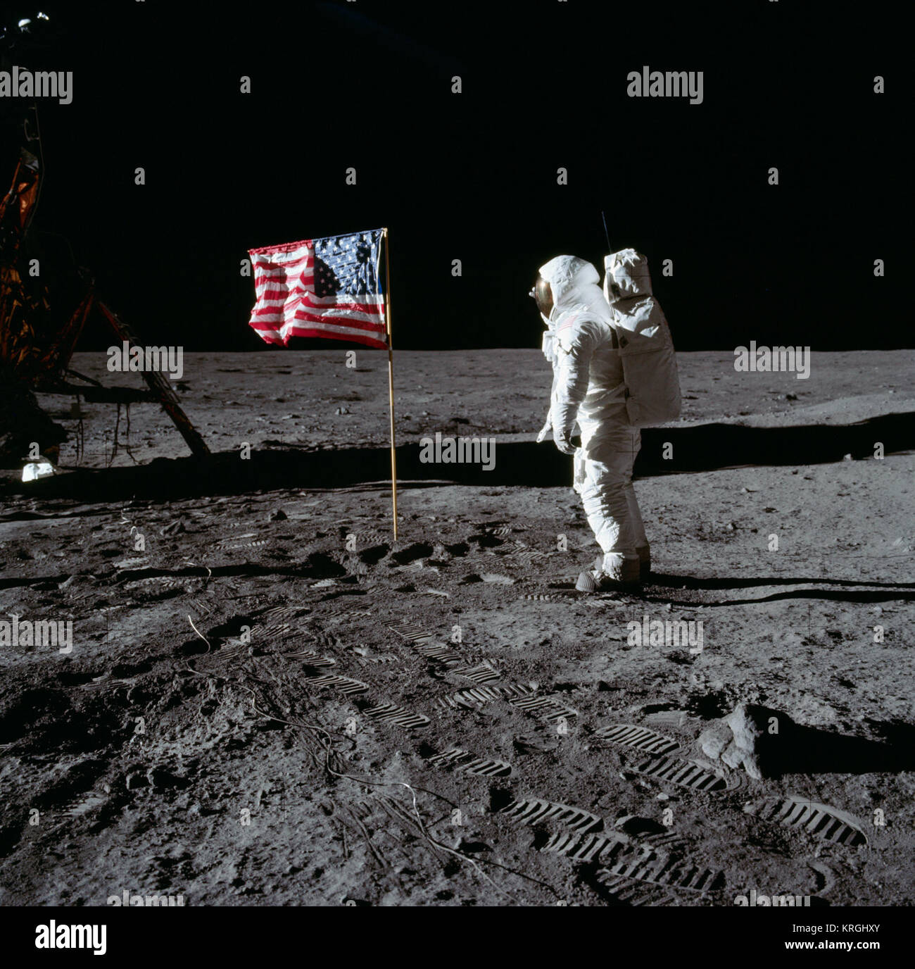 Buzz Aldrin and the U.S. flag on the Moon - GPN-2001-000012 Stock Photo