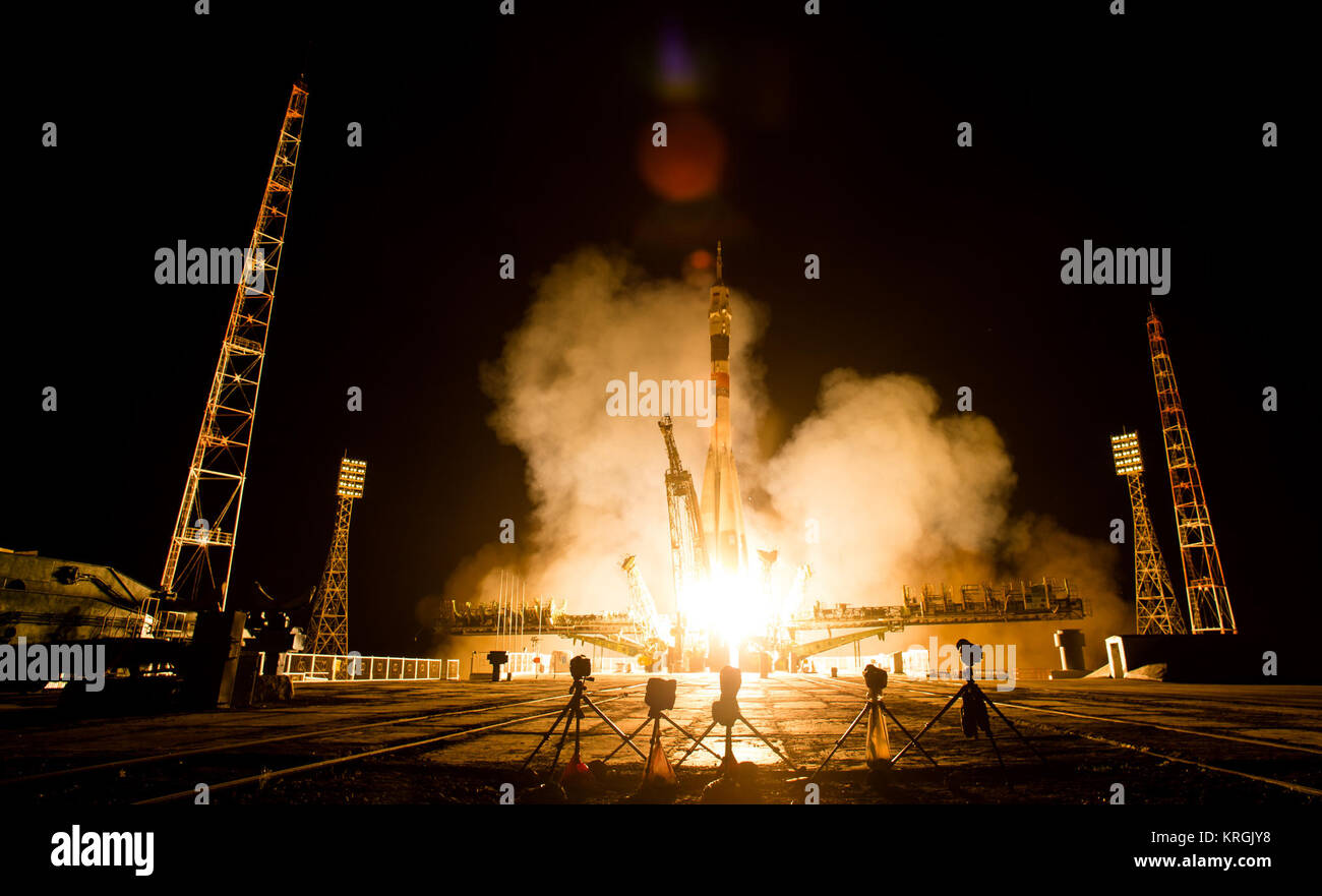 The Soyuz TMA-13M rocket is launched with Expedition 40 Soyuz Commander Maxim Suraev, of the Russian Federal Space Agency, Roscosmos, Flight Engineer Alexander Gerst, of the European Space Agency, ESA, and Flight Engineer Reid Wiseman of NASA, Thursday, May 29, 2014 at the Baikonur Cosmodrome in Kazakhstan. Suraev, Gerst, and Wiseman will spend the next five and a half months aboard the International Space Station. Photo Credit: (NASA/Joel Kowsky) Expedition 40 Launch (201405290009HQ) Stock Photo