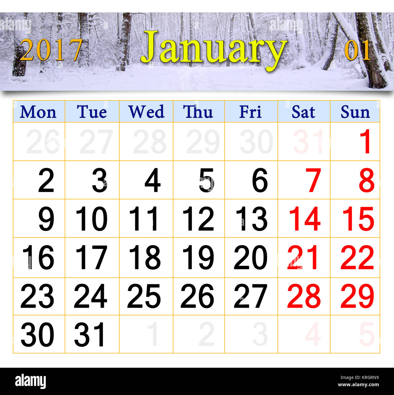 calendar for January 2017 with birch grove Stock Photo