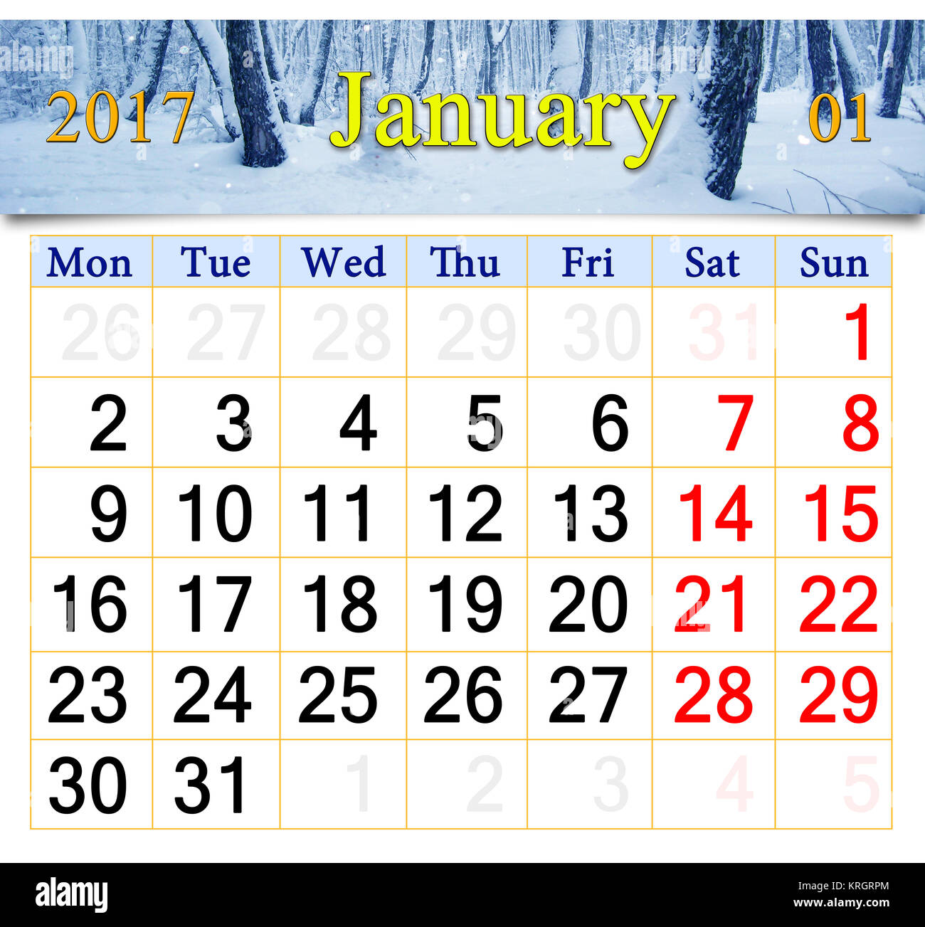 calendar for January 2017 with birch grove Stock Photo Alamy
