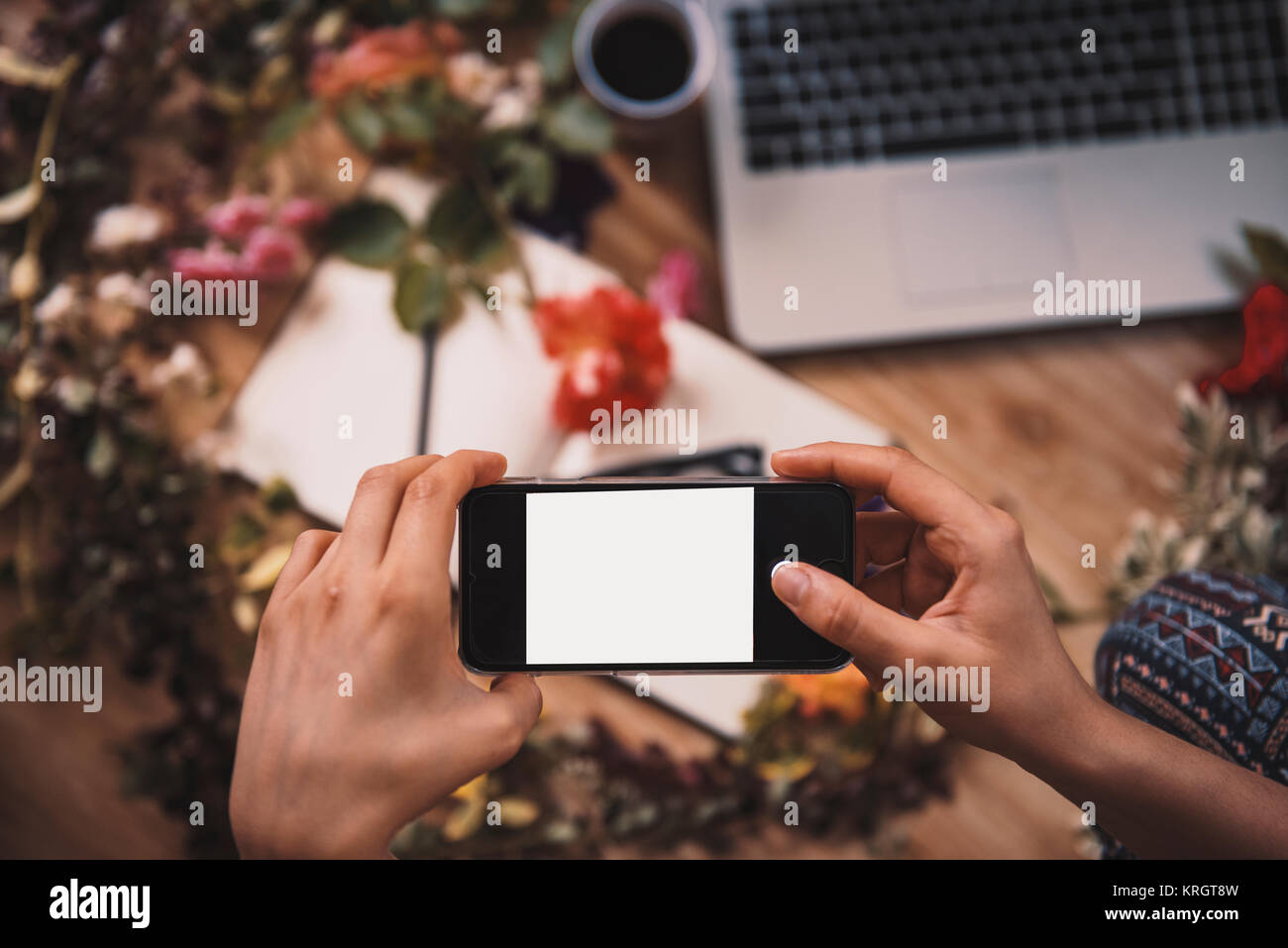 Taking photo with a smart phone - summer setup concept with copy space Stock Photo