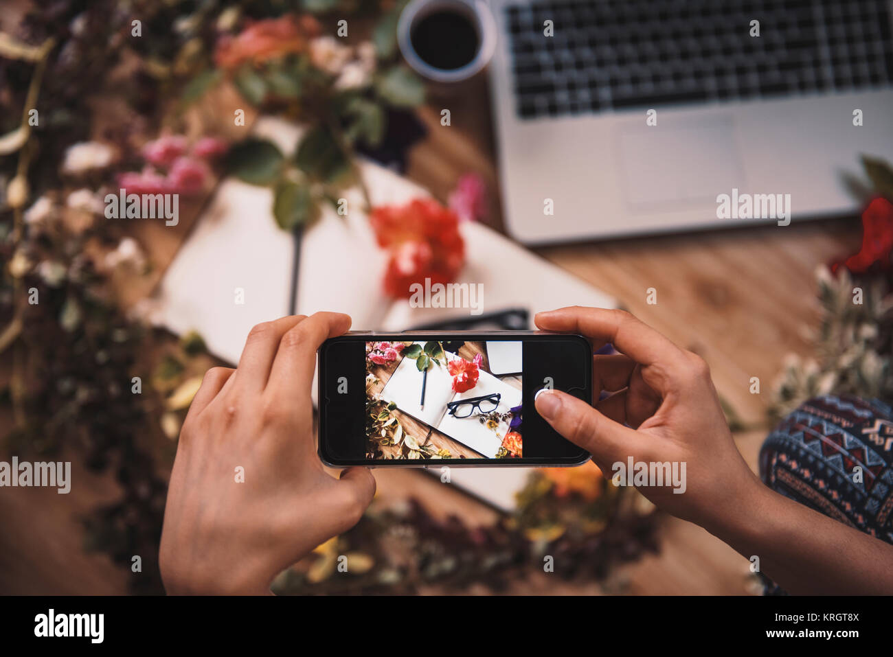 Taking photo with a smart phone - summer setup concept Stock Photo