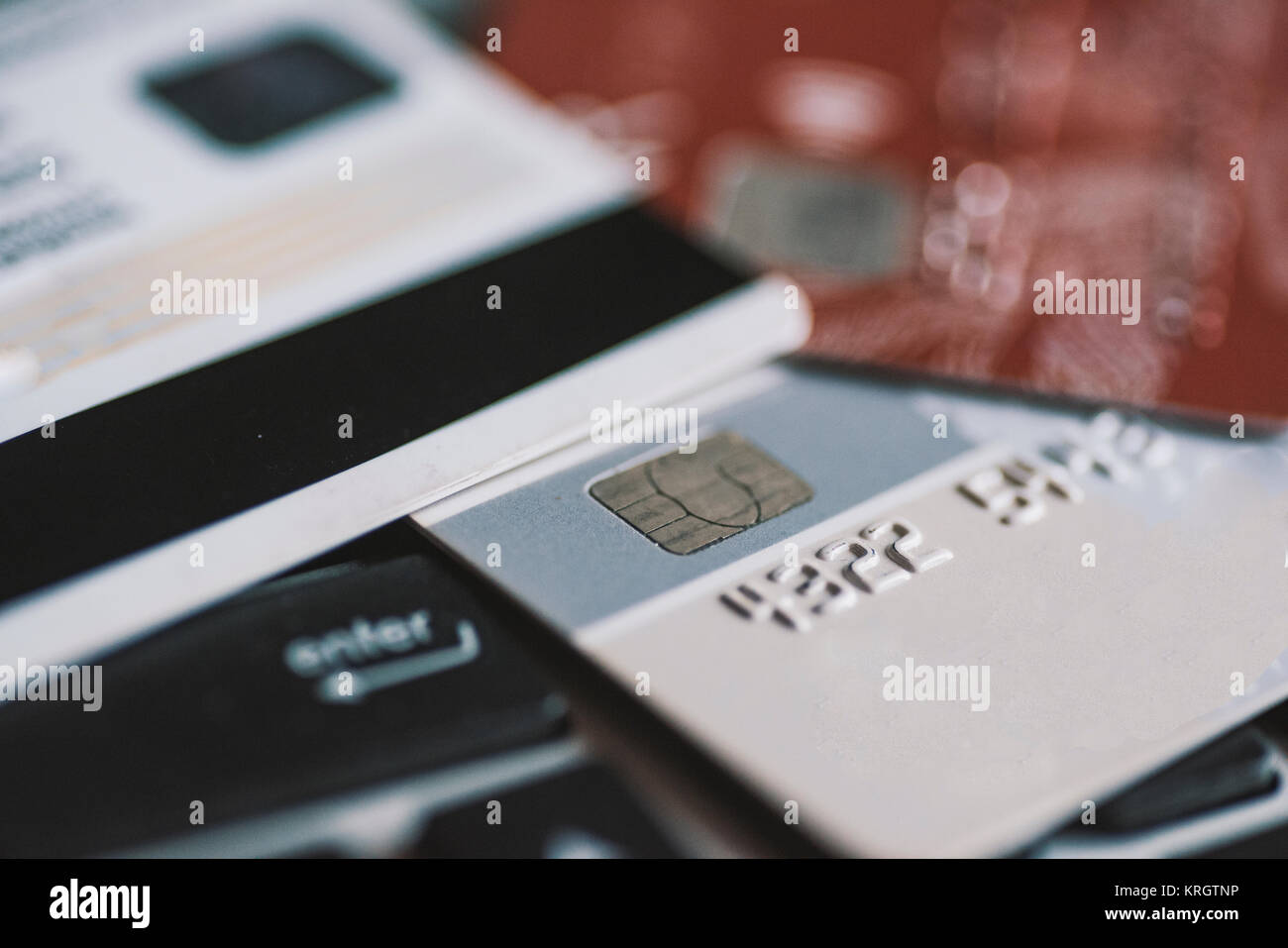 Credit cards on a laptop - online shopping concept Stock Photo