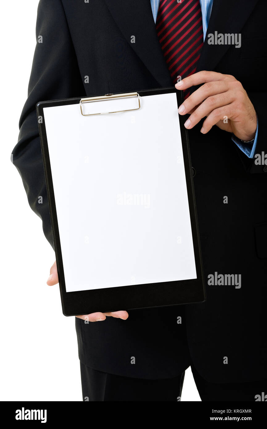 Businessman holding a blank clipboard Stock Photo - Alamy