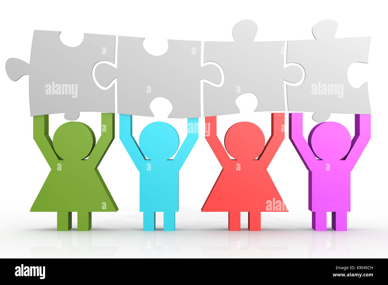 Four people hold puzzle in a line Stock Photo