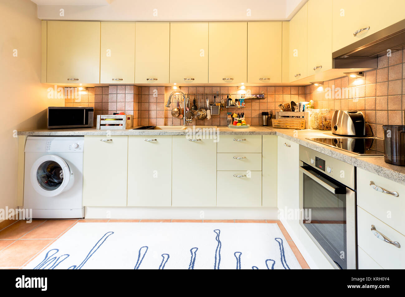 A Modern Kitchen With Laminated Cupboards And Cabinets Washing