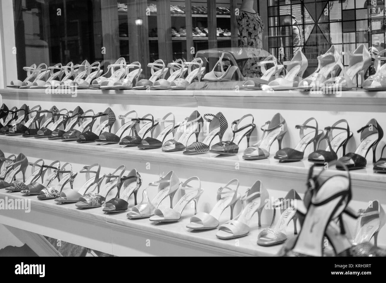 BUENOS AIRES, ARGENTINA - SEPTEMBER 20, 2017: TANGO SHOES IN STORE WINDOW IN BLACK AND WHITE. Stock Photo