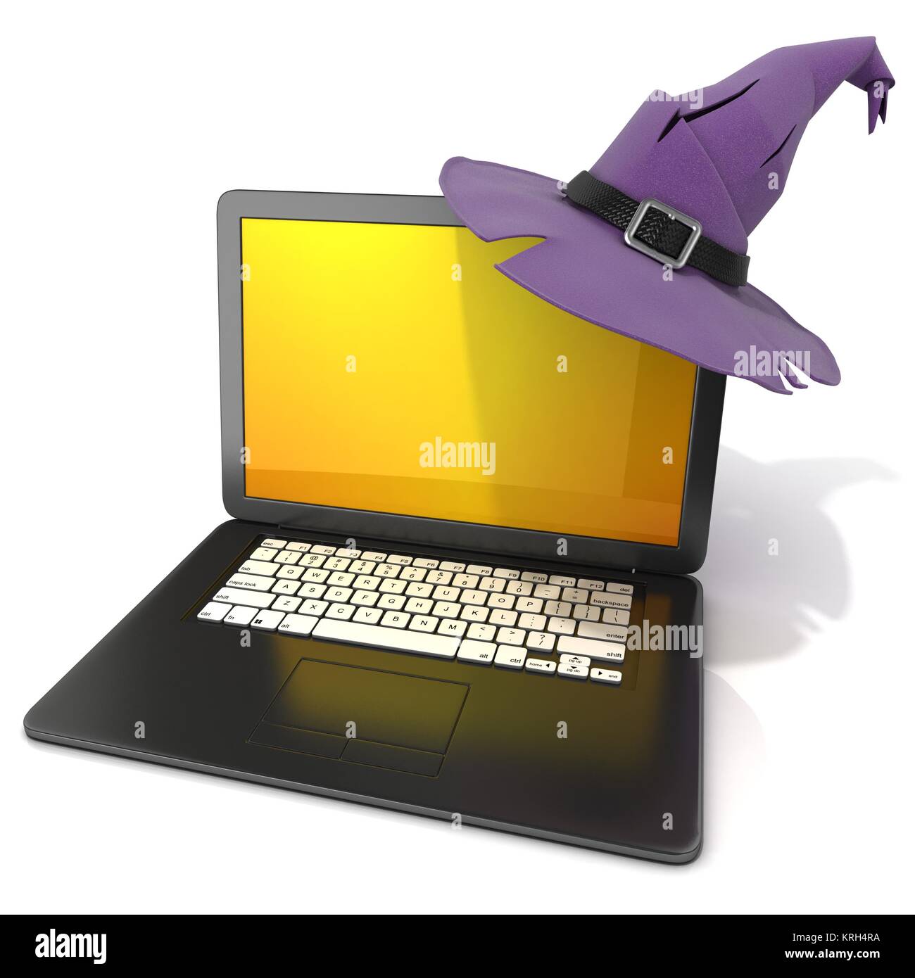 3D rendering of a open black laptop with Halloween colored screen and purple witch hat Stock Photo