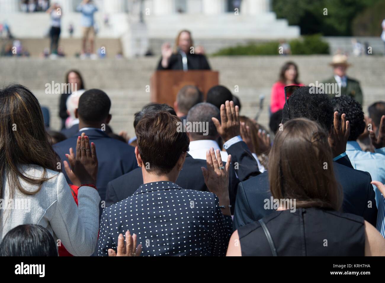 U.S. District Court for the District of Columbia Chief Judge The Honorable Beryl A. Howell swears in new U.S. citizens during a naturalization ceremony at the Lincoln Memorial September 16, 2016 in Washington, DC. Stock Photo
