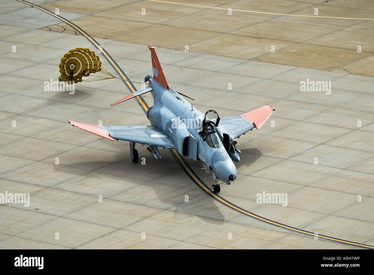 A QF-4 fighter aircraft used as an aerial target lands at Hill Air Force Base October 25, 2016 near Ogden, Utah. Stock Photo