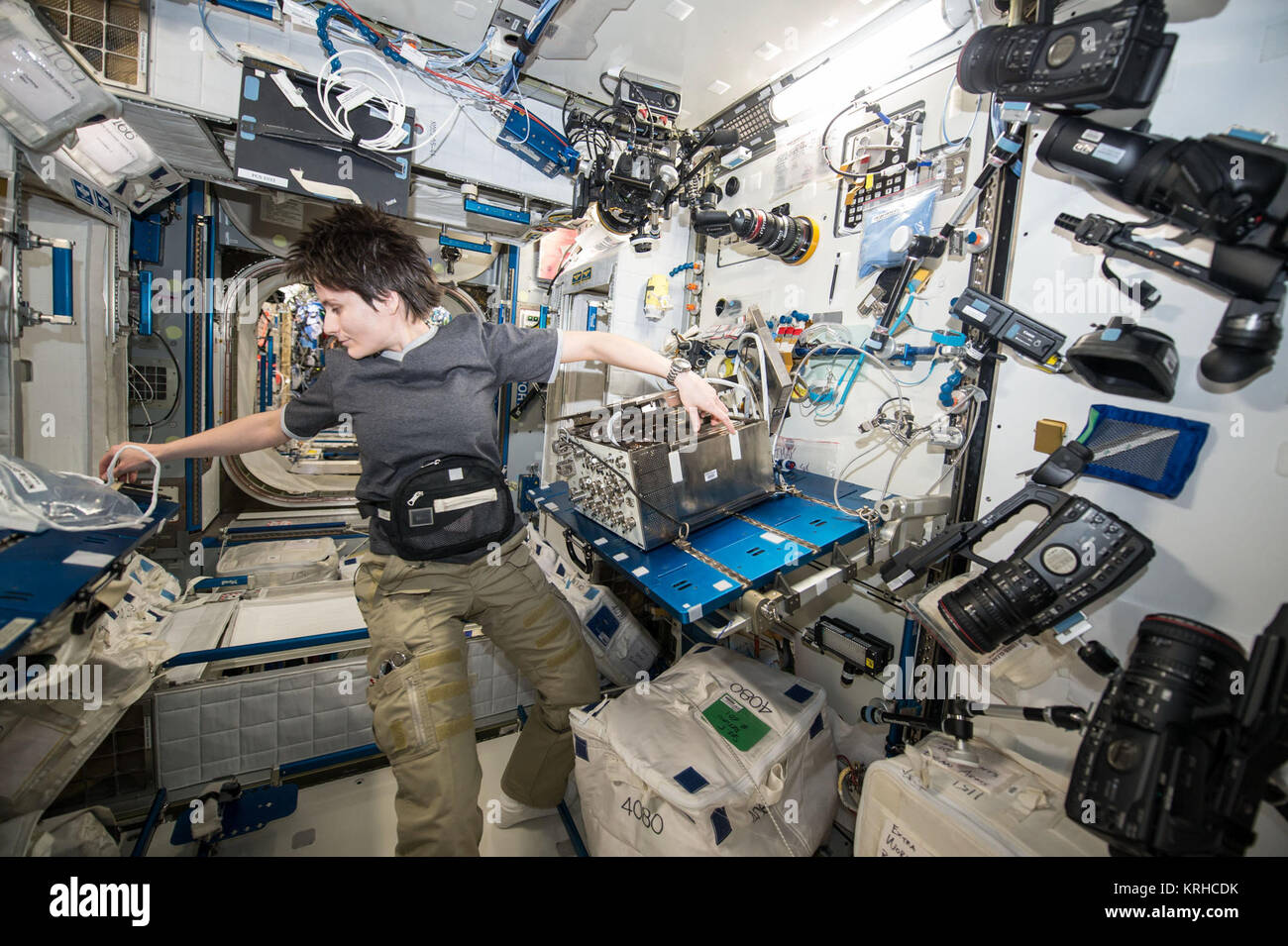 ISS-42 Samantha Cristoforetti working on airway monitoring Stock Photo