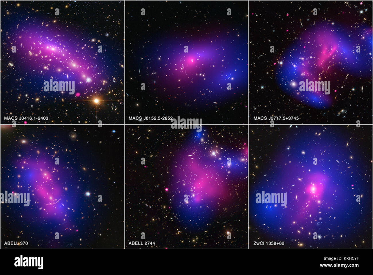 These galaxy clusters are part of a large study using Chandra and Hubble that sets new limits on how dark matter - the mysterious substance that makes up most of the matter in the Universe - interacts with itself. The hot gas that envelopes the clusters glows brightly in X-rays detected by Chandra (pink). When combined with Hubble's visible light data, astronomers can map where the stars and hot gas are after the collision, as well as the inferred distribution of dark matter (blue) through the effect of gravitational lensing. Chandra Six Galaxy Cluster (X-rays) Stock Photo