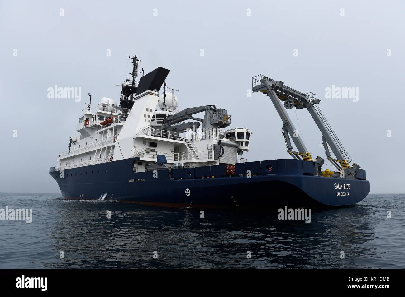 The USN Neil Armstrong-class Auxiliary General Oceanographic Research vessel R/V Sally Ride conducts a science verification cruise December 15, 2016 in the Pacific Ocean. Stock Photo