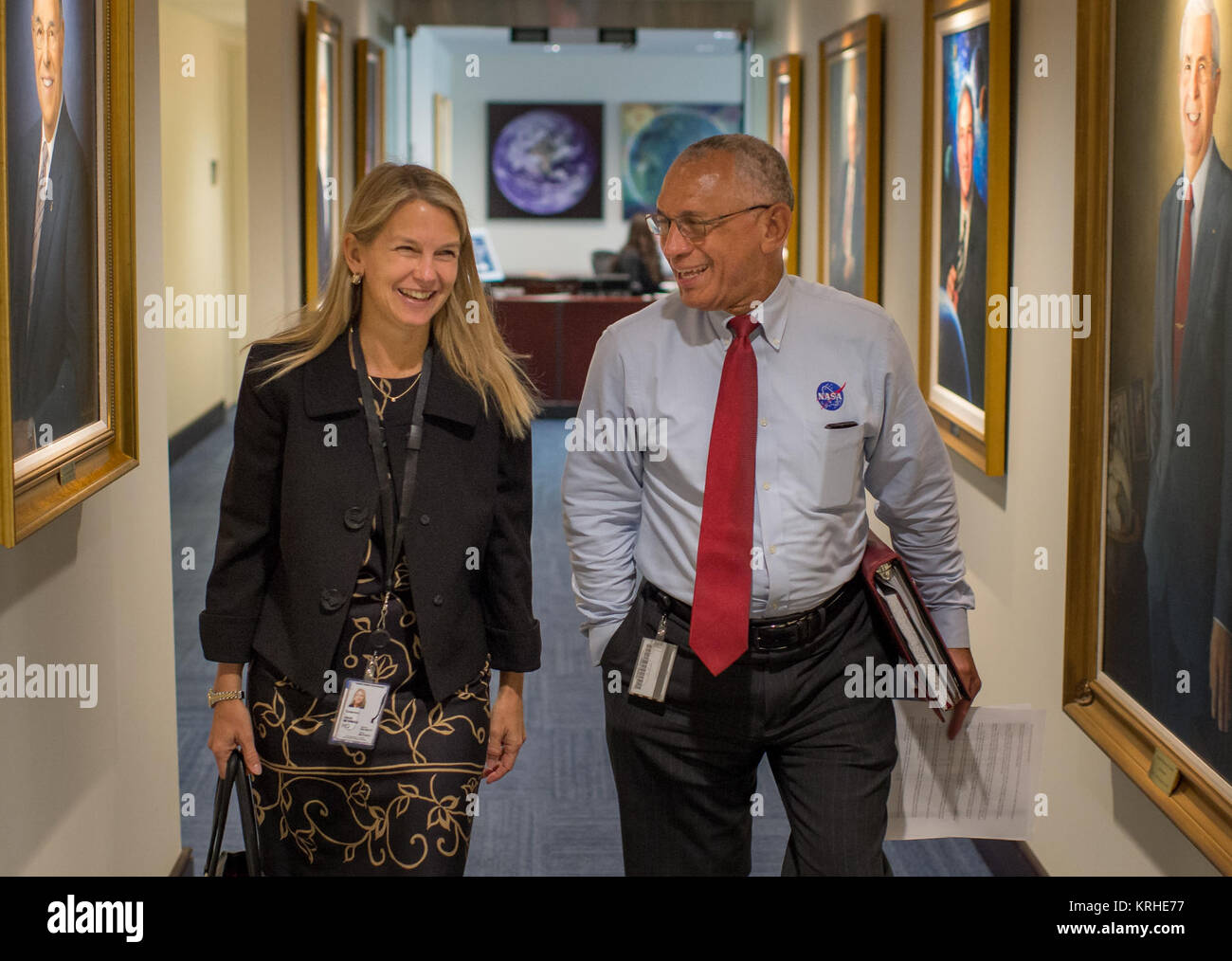 NASA Deputy Administrator Dr. Dava Newman walks to a meeting with NASA Administrator Charles Bolden, on Monday, May 18, 2015, her first day on the job at NASA Headquarters in Washington. Photo Credit: (NASA/Bill Ingalls) Dava Newman with NASA Administrator Charles Bolden Stock Photo