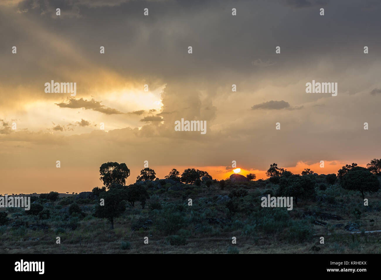 Landscape at sunset in the natural area of the Barruecos. Extremadura. Spain. Stock Photo