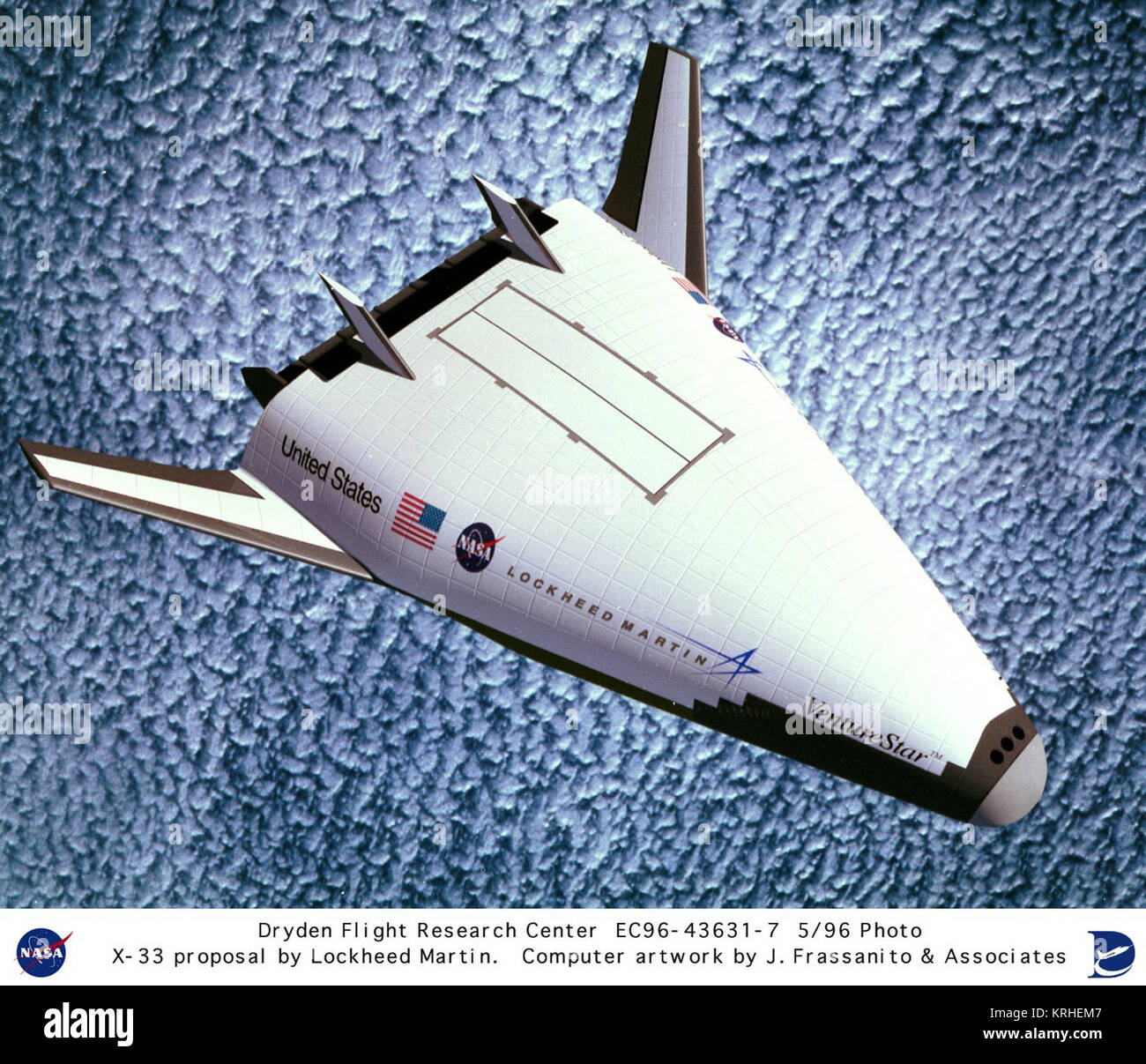This artist's rendering depicts the Lockheed Martin X-33 for a technology demonstrator of a Single-Stage-To-Orbit (SSTO) Reusable Launch Vehicle (RLV), as submitted in the aerospace company's original proposal. NASA selected Lockheed Martin's design on 2 July 1996. NASA's Dryden Flight research Center, Edwards, California, was to have had a key role in the development and flight testing of the X-33. The RLV technology program was a cooperative agreement between NASA and industry. The goal of the RLV technology program was to enable significant reductions in the cost of access to space, and to  Stock Photo
