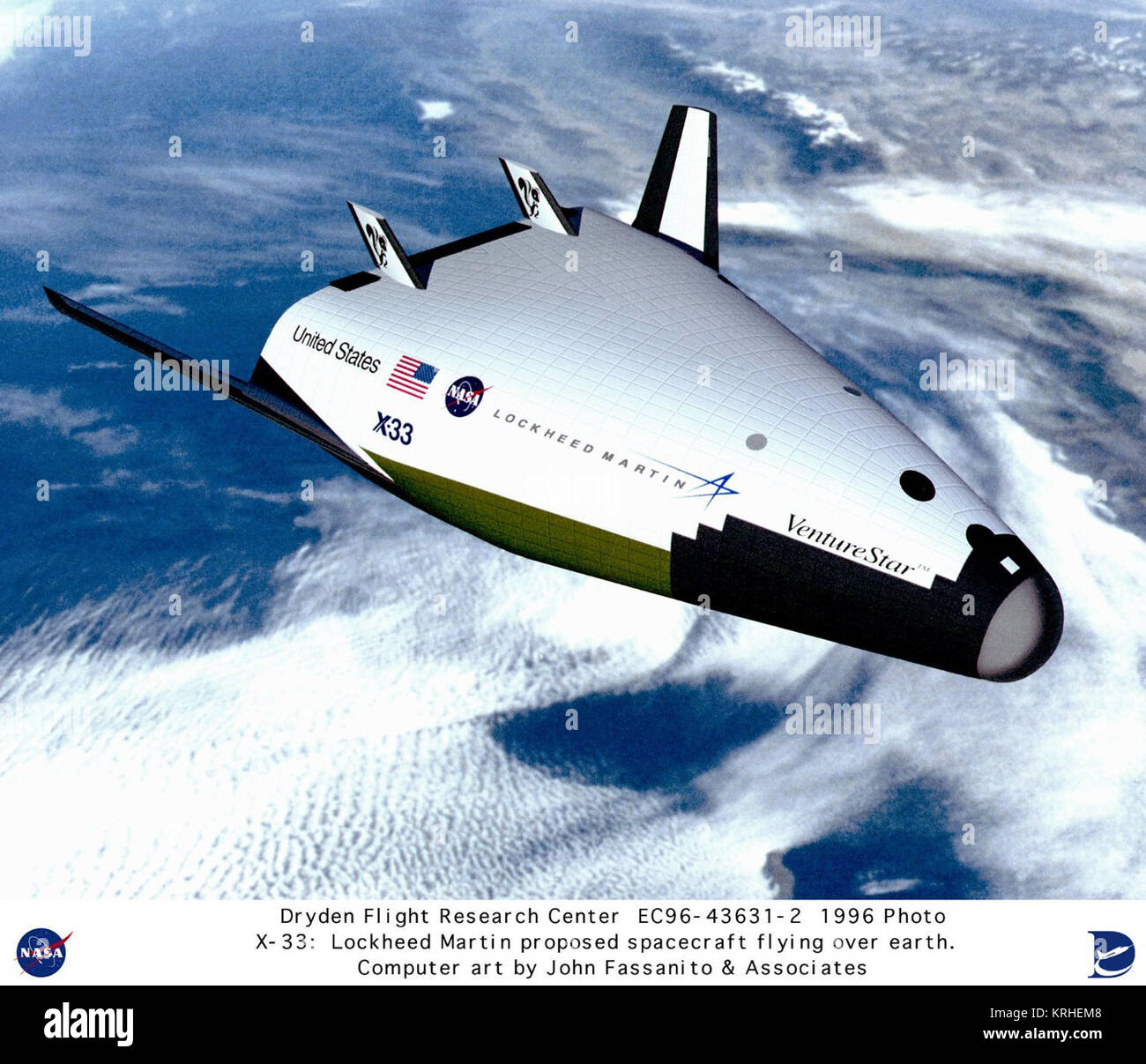 This is an artist's conception of the NASA/Lockheed Martin Single-Stage-To-Orbit (SSTO) Reusable Launch Vehicle (RLV) in orbit high above the Earth. NASA's Dryden Flight Research Center, Edwards, California, expected to play a key role in the development and flight testing of the X-33, which was a technology demonstrator vehicle for a possible RLV. The RLV technology program was a cooperative agreement between NASA and industry. The goal of the RLV technology program was to enable significant reductions in the cost of access to space, and to promote the creation and delivery of new space servi Stock Photo