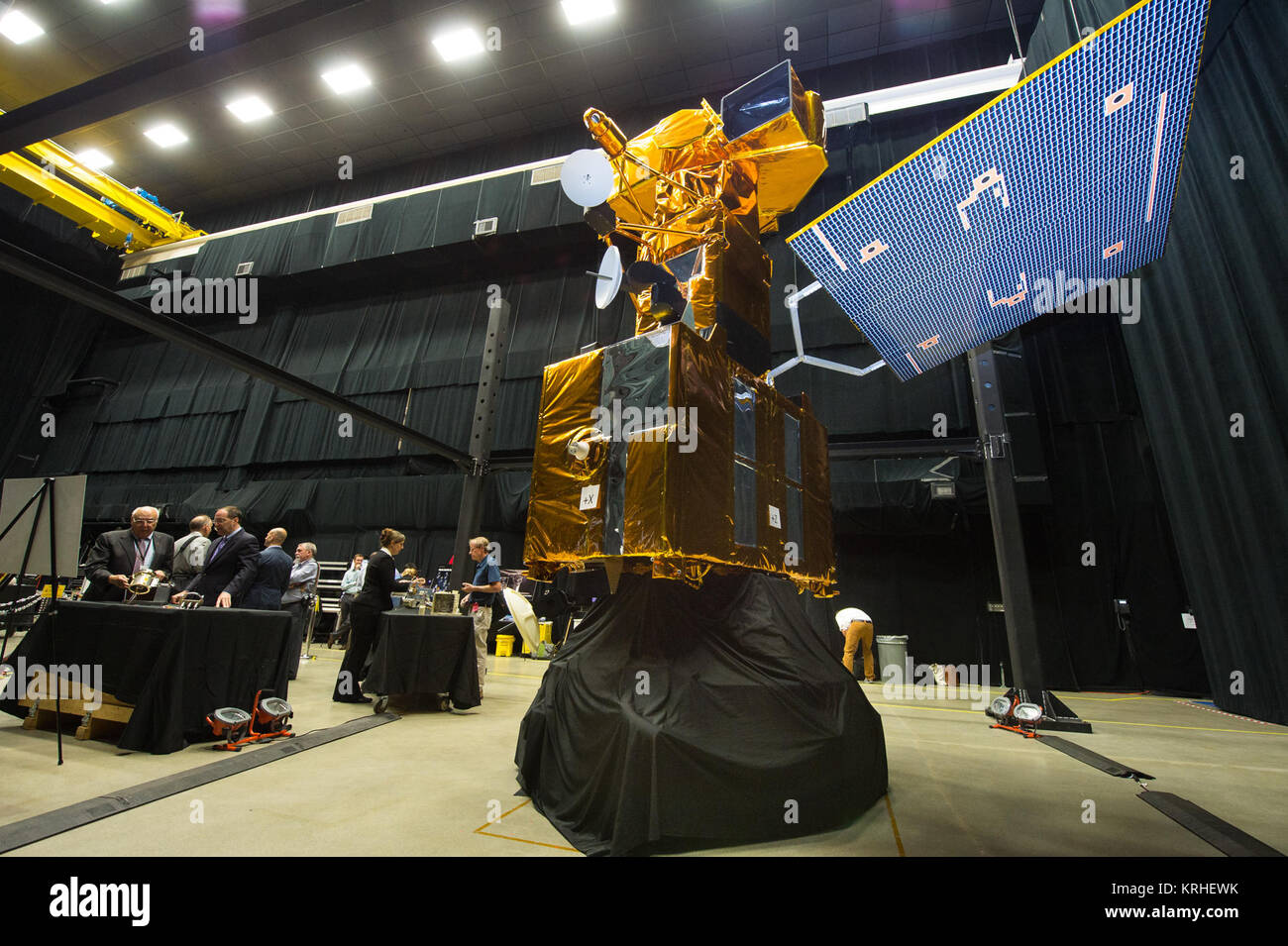 A to scale model of the Land Sat satellite is seen here at the Asteroid Grand Challenge anniversary event on Tuesday, June 16, 2015 at the Goddard Space Flight Center in Greenbelt, MD. Media attended to learn more about NASA's latest robotics technology for the Asteroid Redirect Robotic Mission (ARRM). Photo Credit: (NASA/Aubrey Gemignani) Land Sat satellite at the Asteroid Grand Challenge anniversary event 2015 Stock Photo