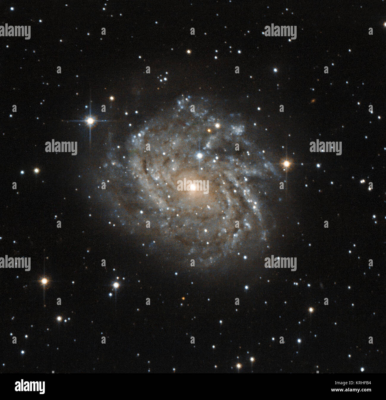 This little-known galaxy, officially named J04542829-6625280, but most often referred to as LEDA 89996, is a classic example of a spiral galaxy. The galaxy is much like our own galaxy, the Milky Way. The disc-shaped galaxy is seen face on, revealing the winding structure of the spiral arms. Dark patches in these spiral arms are in fact dust and gas — the raw materials for new stars. The many young stars that form in these regions make the spiral arms appear bright and bluish. The galaxy sits in a vibrant area of the night sky within the constellation of Dorado (The Swordfish), and appears very Stock Photo