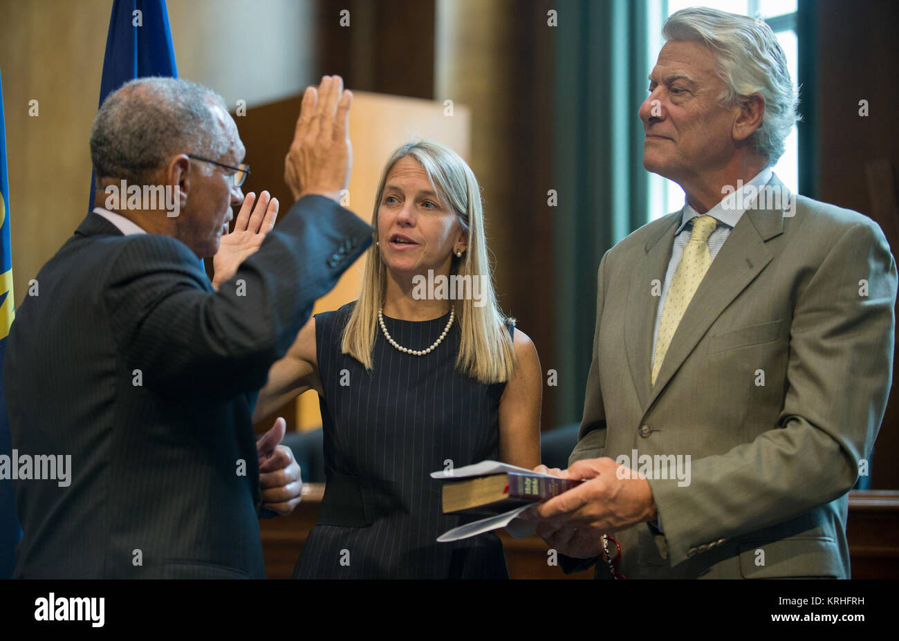 Dr. Dava J. Newman is ceremonially sworn-in as NASA Deputy Administrator by NASA Administrator Charles Bolden, as her husband, Guillermo Trotti, holds the Bible, Tuesday, July 14, 2015 at the Dirksen Senate Office Building in Washington. The event was hosted by Sen. Steve Daines, R-Mont., and Sen. Jon Tester, D-Mont.  Photo Credit: (NASA/Joel Kowsky) Dr. Dava J. Newman Ceremonial Swearing-In (201507140018HQ) Stock Photo
