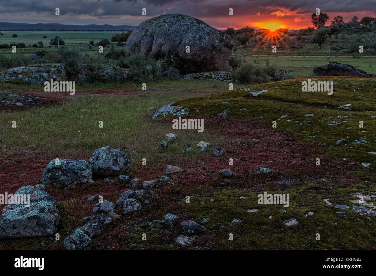 Landscape at sunset in the natural area of the Barruecos. Extremadura. Spain.. Stock Photo