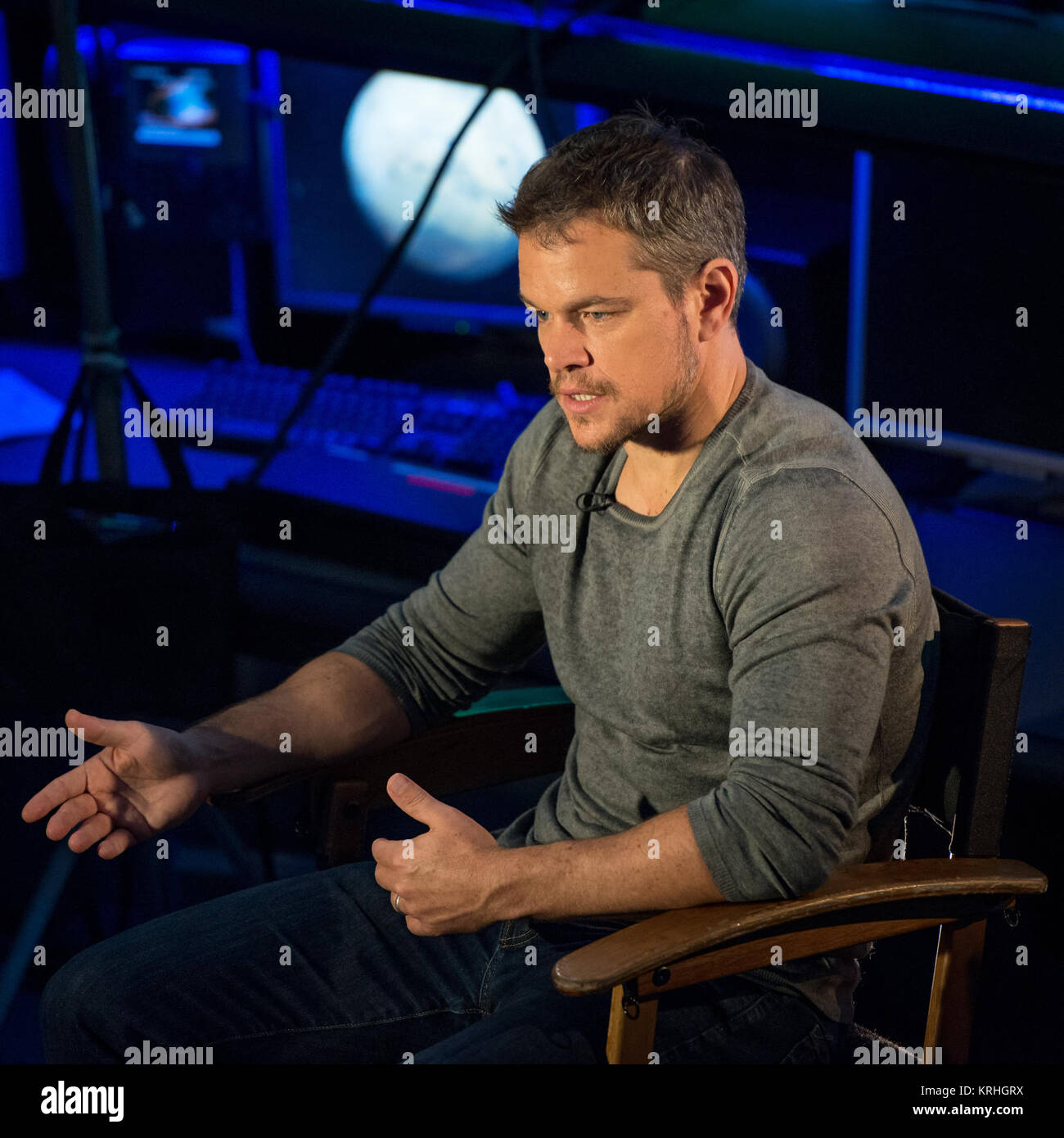 Actor Matt Damon, who stars as NASA Astronaut Mark Watney in the film “The Martian,' participates in media interviews, Tuesday, Aug. 18, 2015, at the Jet Propulsion Laboratory in Pasadena, California. NASA scientists and engineers served as technical consultants on the film. The movie portrays a realistic view of the climate and topography of Mars, based on NASA data, and some of the challenges NASA faces as we prepare for human exploration of the Red Planet in the 2030s. Photo Credit: (NASA/Bill Ingalls) NASA Journey to Mars and E2809CThe Martian22 (201508180038HQ) Stock Photo
