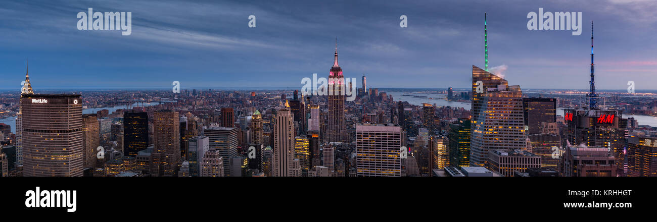 Panoramic view of New York City (NYC) at sunset from the top of the rock observatory, rockelfeller center, New York City, America. Stock Photo